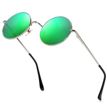 Imagem de AIEYEZO Óculos de sol redondos retrô para homens e mulheres óculos de sol polarizados modernos vintage pequenos óculos de sol redondos, Espelhado prata/verde, MM