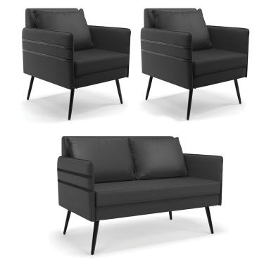 Imagem de Kit 01 Namoradeira 02 Lugares e 02 Poltronas Mari Corino Preto Pés Palito de Ferro - D'Rossi