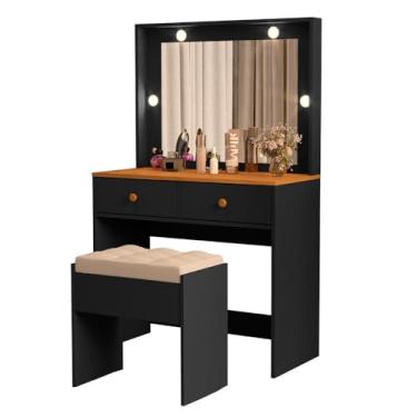 Imagem de Penteadeira Livia Com 2 Gavetas Luz de Led e Banqueta Preto/nature