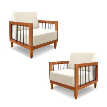 Imagem de Kit 2 Poltronas Sala De Estar Pés Madeira Maciça Corda Náutica Preta 75cm Manila Linho Off White Rústico