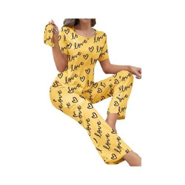 Imagem de Novo pijama feminino para casa, calças de manga curta, padrão amor, ca