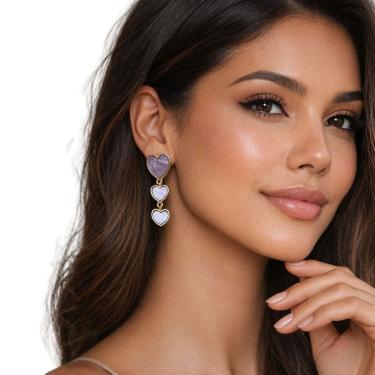 Imagem de Brinco Feminino Coração Triplo Longo Elegante Luxo Festa
