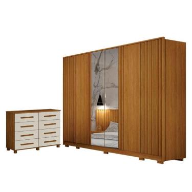 Imagem de Guarda Roupa Casal Evo 6 Portas Com Espelho Cinamomo Com Cômoda San Marino 8 Gavetas Ci...