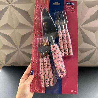 Imagem de Conjunto decorado rosa para bolo com 7 peças espátula de bolos e garfo