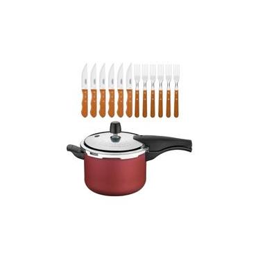 Imagem de Kit Panela de Pressão Vancouver Alumínio Antiaderente 4,5L Vermelha com Jogo Churrasco Tramontina