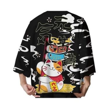 Imagem de Kimono Haori Unissex Japonês Sakura Cat Samurai Cardigan Solto De Mang