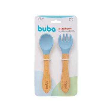 Imagem de Talheres Bebê Silicone e Bambu Azul Buba 6 Meses, Azul