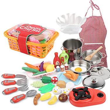 Imagem de Mingzhe 42 PCS Conjunto de Cozinha Finja Brincar com Chapéu de Chef Avental Brinquedo de Cozinha Fogão Pan Colher Legumes Frutas Cesta de Armazenamento Crianças Chef Papel Playset Cozinha