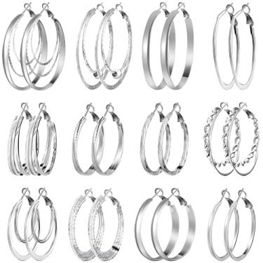 Imagem de Conjunto de brincos de argola de prata com 12 pares de brincos de argola grossa, redondos, grandes, brincos de argola geométrica, conjunto para mulheres e meninas adolescentes