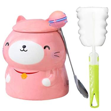 Imagem de Caneca de gato com colher caneca 3D de cerâmica copo de café de gatinho copo de leite , escritório, casa, casal (rosa gato, 450 ml)