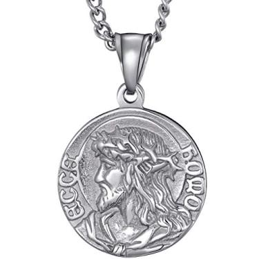 Imagem de MOO&LEE Colar masculino de aço inoxidável com pingente de cabeça de Jesus Cristo, medalha redonda, pingente de moeda de oração com corrente de elos, Metal