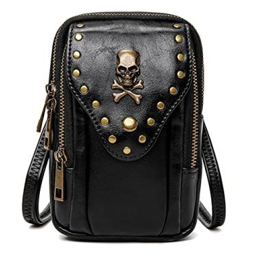 Imagem de Bolsa feminina punk gótica de caveira, bolsa de ombro único, bolsa de cintura, carteira para celular Steampunk retrô feminina, bolsa de viagem para motocicleta, rebites modernos, preta, 803, pequena