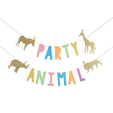 Imagem de Faixa de festa de aniversário animal para bebê - decoração de festa do zoológico, decoração de festa de circo para chás de bebê, adereços de foto brilhantes, suprimentos de festa de animal safári da selva