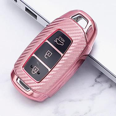 Imagem de YJADHU Capa de chave de carro de fibra de carbono TPU, apto para Hyundai i30 Ix35 Kona Encino Solaris Azera Grandeur Ig Accent TM Palisade Santa Fe,E, rosa