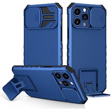 Imagem de HOUCY Capa para iPhone 14 Pro Max, capa fina à prova de choque com suporte e capa de câmera deslizante, capa protetora de telefone de TPU de camada dupla 6,7 polegadas (cor: azul)