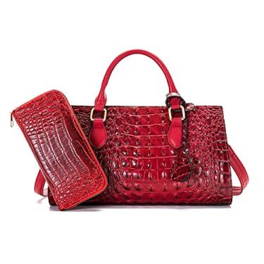 Imagem de Mala de mão moda retro mala de mão feminina bolsa cruzada conjunto 2pcs (conjunto vinho tinto)