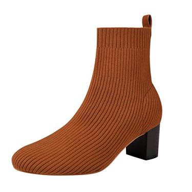 Imagem de GATUXUS Bota feminina salto médio grosso cano curto bico fino meia de malha botas estilo casual sapatos quentes (marrom, numeric_6), Marrom