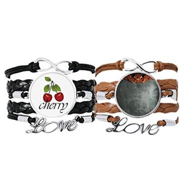 Imagem de DIYthinker Pulseira cinza de cimento com estampa de ornamento de mogno pulseira de mão corda de couro cereja conjunto duplo