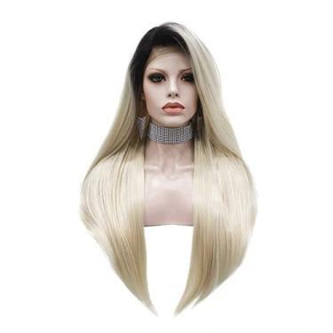 Imagem de Perucas loiras ombré Lisas Peruca frontal de renda sintética Raiz preta Perucas de fibra resistente ao calor
