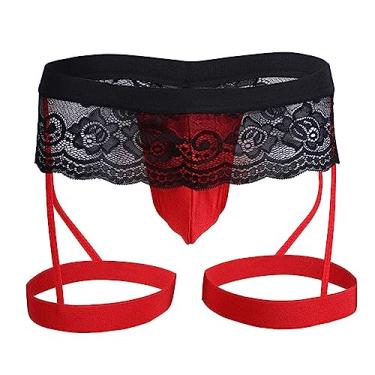Imagem de SINMIUANIME Men's lace Anime Panties Three Point Underwear Sheer Mesh Bikini Briefs T-back G-string Panty Sexy (1533Black Red, L)