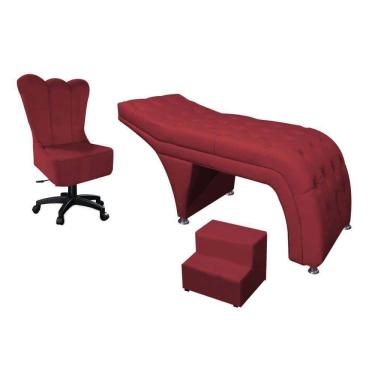 Imagem de Kit Maca Estética Com Cadeira Mocho Giratória E Escadinha Suede Vermelho - D House Decor