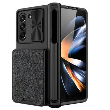 Imagem de LXURY Capa carteira para Samsung Galaxy Z Fold 5, capa à prova de choque de cobertura total com slot para cartão destacável, caneta stylus para câmera, capa de proteção de janela deslizante, preta, Z Fold 5 de 7,6 polegadas