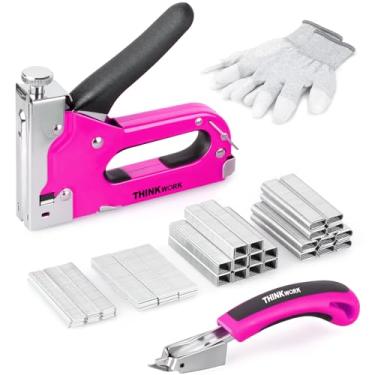 Imagem de THINKWORK Pistola de Grampo Rosa 4 em 1 - Uso Doméstico com 3000 Grampos, Resistente com Removedor para Madeira, Cabo, Tecido, Parede, Reparo de Material, Grampeador