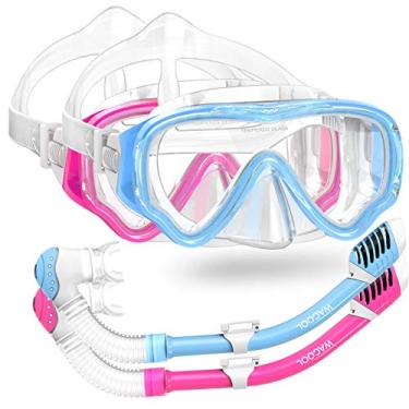 Imagem de Conjunto de Snorkel da WACOOL para Crianças Júnior e Júnior, Máscara de Mergulho de Vidro Revestido Antiembaçante, Snorkel com Peça de Boca de Silicone, Válvula de Purga e Proteção Anti-Splash (Azul Celeste + Rosa).