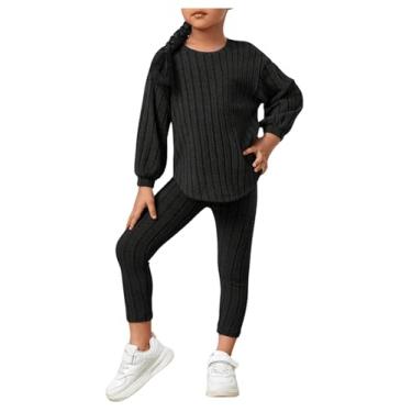 Imagem de Floerns Conjunto de 2 peças para meninas, camiseta de malha canelada de manga comprida e calça legging, Preto, 4 Anos