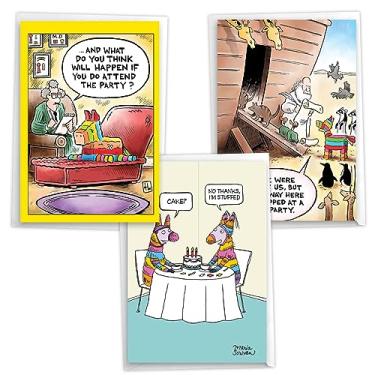 Imagem de NobleWorks Pacote sortido de 3 cartões de aniversário histéricos com envelopes (3 desenhos, 1 cada) festa de pinata VC10010BDG-C1x3