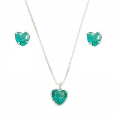 Imagem de Colar Prata 925 Feminino 45cm Pingente Coração Brinco Verde