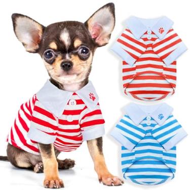Imagem de 2 peças camiseta listrada para cães pequenos meninos chihuahua roupas yorkie xícara de chá roupas para cachorro verão primavera roupas para filhotes PP, azul + tiras vermelhas