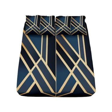 Imagem de Jogo de lençol King macio, linhas douradas, geométrico, com bolso elástico (40,6 cm), 4 peças, lençol de cima, azul marinho, resistente a vincos