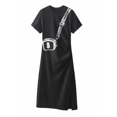 Imagem de MITUN SEMI Vestido feminino preto moderno camiseta longa meninas adolescentes meninas jovens vestido estampado 12-16 anos de idade tecido elástico, Preto, 15-16 Years