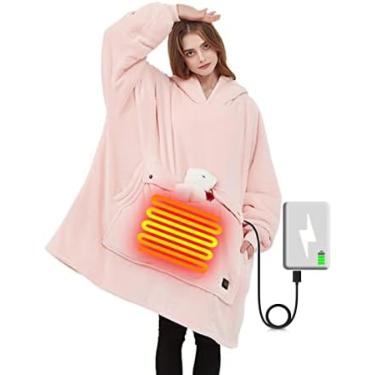 Imagem de Moletom com capuz de aquecimento grande, cobertores térmicos USB de inverno -3 zonas de aquecimento e bolsos enormes, moletom com capuz portátil para camping/pesca/casas frias, rosa