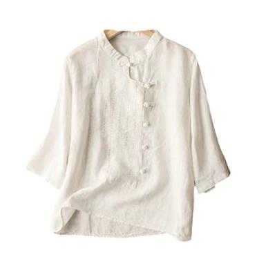 Imagem de Camisetas femininas de algodão linho casual verão primavera literária retrô tradições chinesas Tyle Hanfu camisetas femininas patchwork, H-801, GG