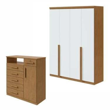 Imagem de Conjunto de Guarda-roupa Alonzo e Cômoda Da Vinci com Nicho Amêndoa Clean/branco