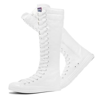 Imagem de rismart Tênis feminino de lona, comprimento até o joelho, cano alto, zíper lateral, escola, Cheergirls, botas longas, Branco, 37