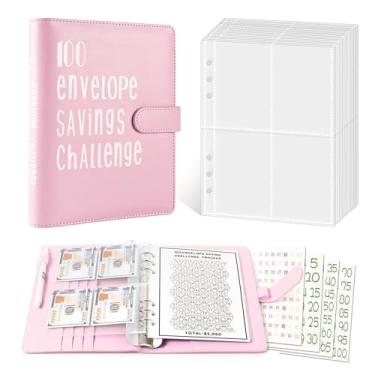 Imagem de Fichário de desafio de 100 envelopes | Fichário de poupança A5 com envelopes de dinheiro | Fichário de orçamento para planejar e economizar $5050 com fivela magnética (rosa)
