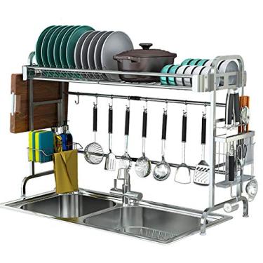 Imagem de Escorredor de pratos com economia de espaço, escorredor de pratos ajustável de comprimento para bancada de cozinha sobre a pia prateleira de armazenamento de cozinha, aço inoxidável 304