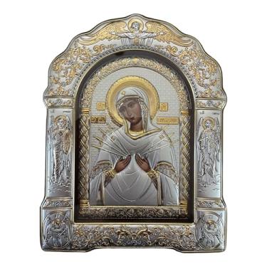 Imagem de (AS-5/006/G/K) Virgem Maria sete espadas ícone ortodoxo cristão prata bizantina com vidro/feito à mão grega (28 x 20)
