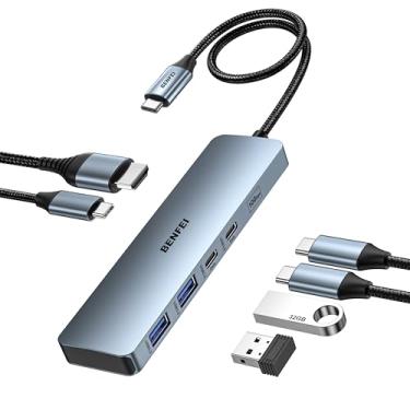Imagem de BENFEI USB C HUB 6 em 1 com HDMI (4K @60Hz), entrega de energia de 100 W, 10 Gbps 2 x USB-A e 2 x USB-C, cabo de silicone, capa de alumínio compatível com iPhone 15 Pro/Max, MacBook, iPad Pro, iMac,