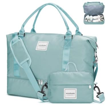 Imagem de WOOMADA Bolsa feminina de fim de semana, bolsa de viagem de ombro com compartimento para sapatos, bolsa de ginástica com bolsa de higiene pessoal, Azul-petróleo