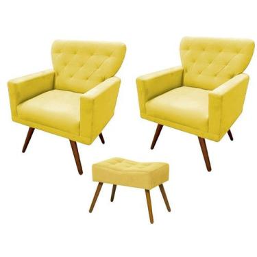 Imagem de Kit 2 Poltronas Decorativa Aurora + 1 Puff Retangular Suede Amarelo Pé