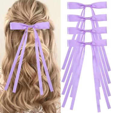 Imagem de Vodolo Laços de cabelo roxos para mulheres, 4 peças de grampos de cabelo grandes com laço de borla com cauda longa, presilhas de cabelo com fita para cabelo grosso e fino, acessórios de cabelo