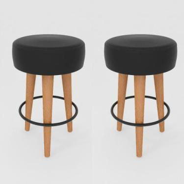 Imagem de Kit 2 Banqueta Média Cozinha 60cm Estofada Preto Madeira Maciça Urban 