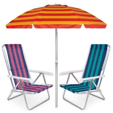Imagem de Kit Praia 2 Cadeira Reclinável 8 Pos Alumínio + Guarda Sol 2m Sombreir