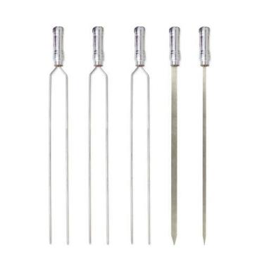 Imagem de Kit 05 Peças Espeto Churrasco Aço Inox Duplo + Chato Largo + Chato Est