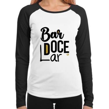 Imagem de Baby Look Raglan Bar doce lar Manga Longa - Foca na Moda, Branco, Pret