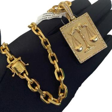 Imagem de Cordão Cadeado 8mm + Pingente Direito Pedras Banhado a Ouro - ToJoia18